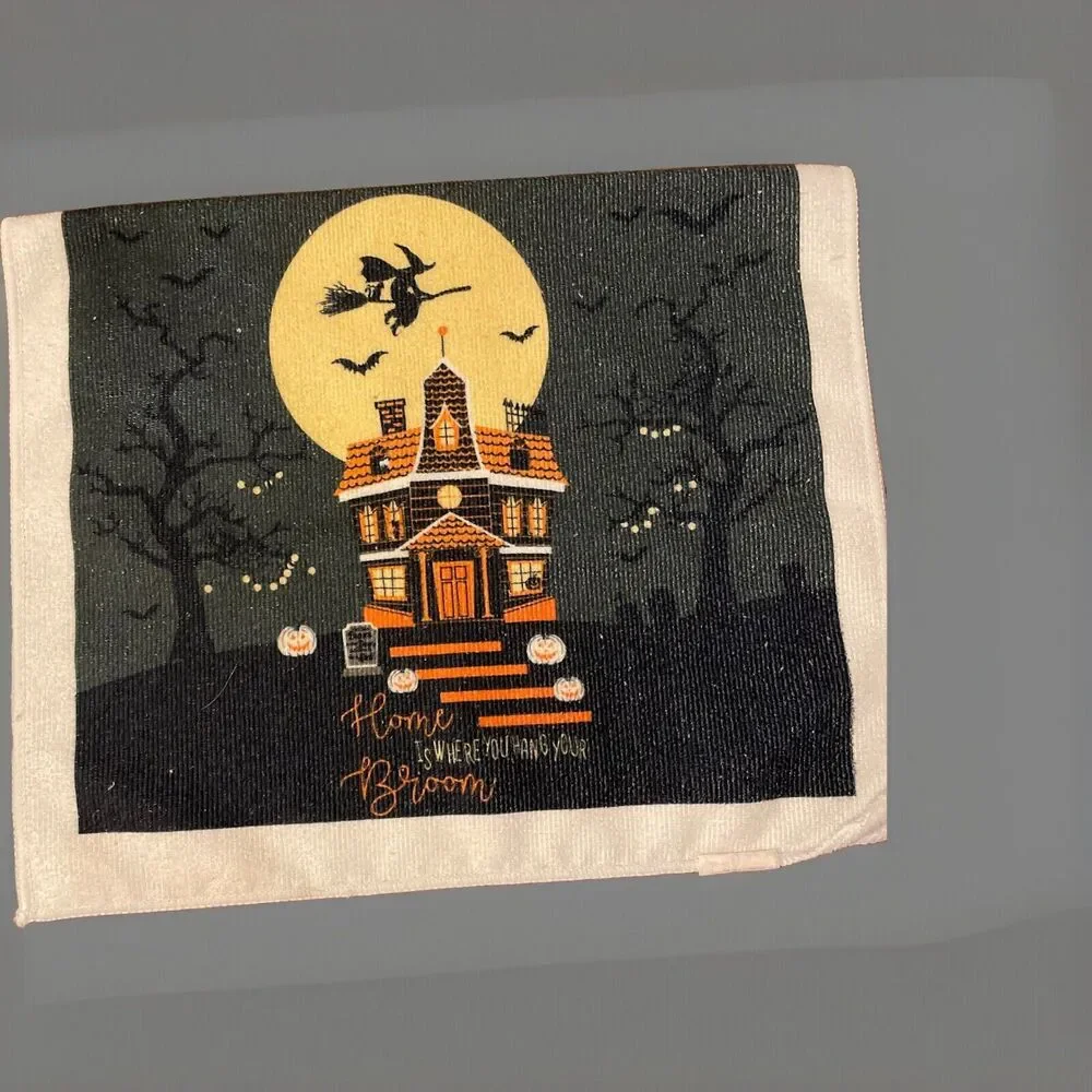 Halloween Decor Dish Towel “Home Is Where You Hang Your Broom” Kitchen Towel